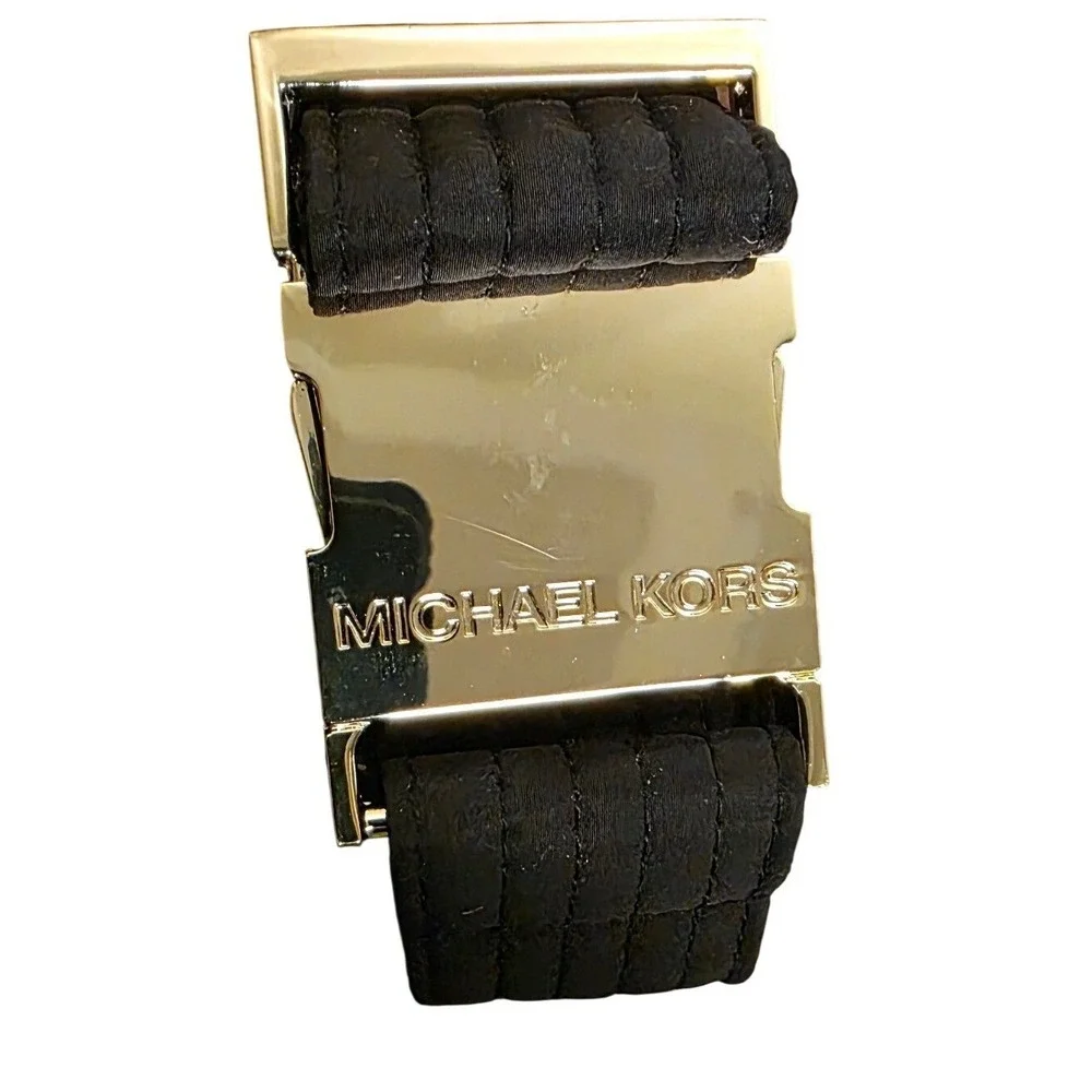 Michael Kors Fabric Belt Gold Buckle Quilted Padded Womens Black